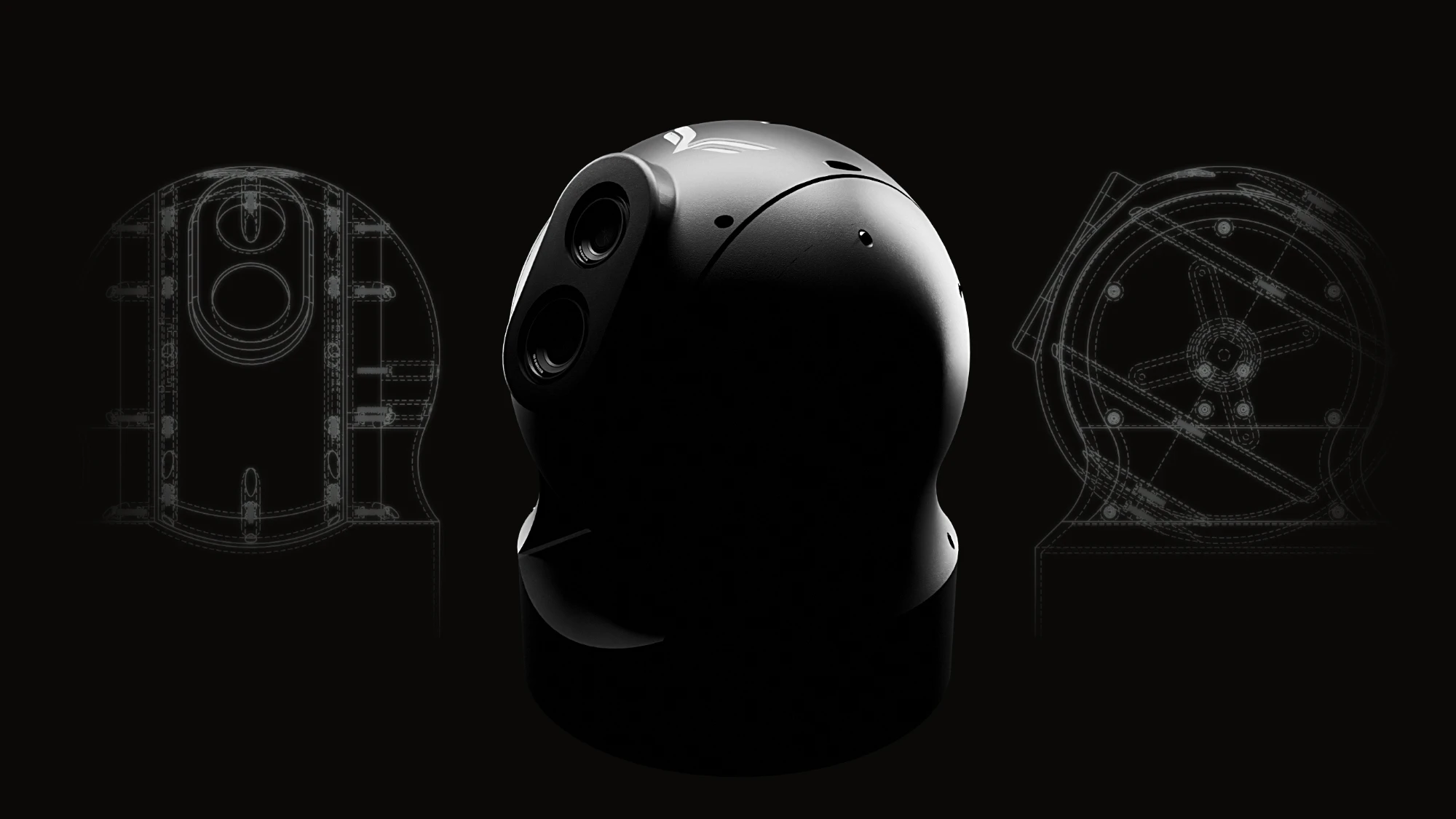 Render of the camera module between two line drawings of it, front and side, showing its internal frame