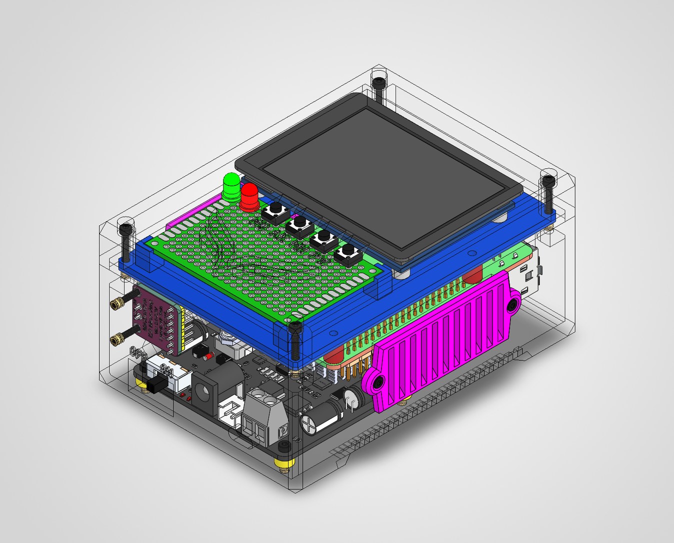 CAD assembly of Falcon 1: display, control board, single-board computer, heatsink and connectors inside the enclosure